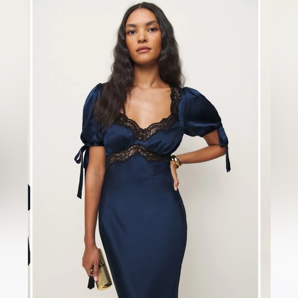 Reformation x Kacey Musgrave Stella navy silk midi dress with puff sleeves - Picture 10 of 17